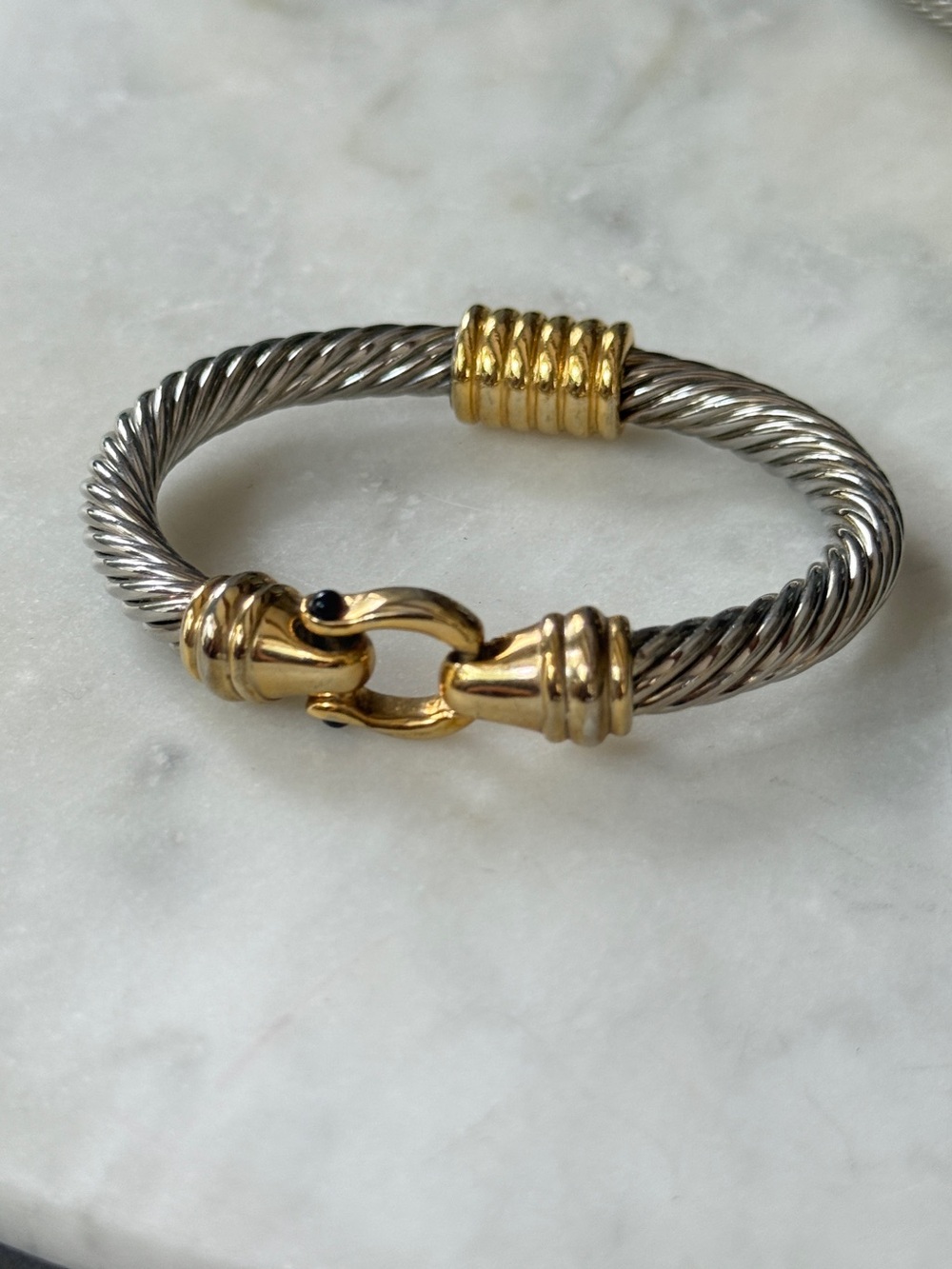 Two Tone Twisted Cable Equestrian Stirrup Magnetic Clasp Cuff Bracelet